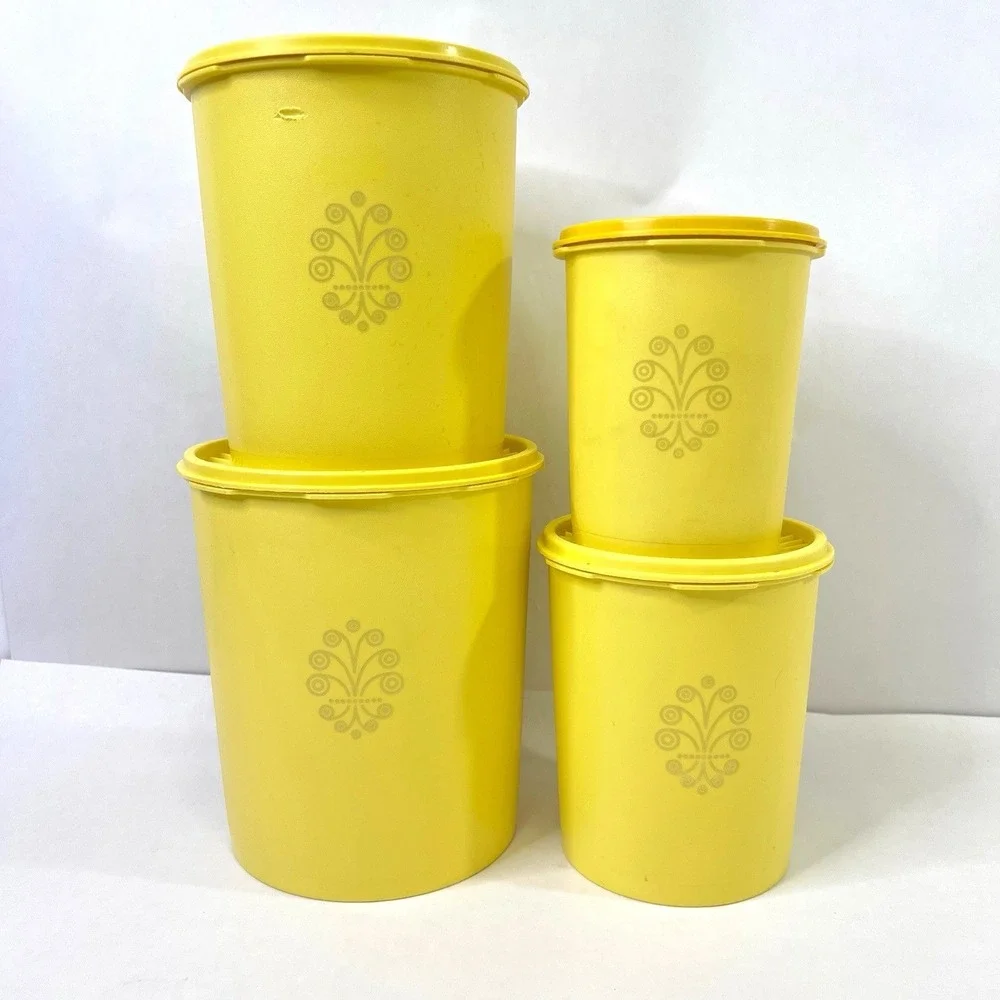 4 Piece Yellow Servalier Tupperware Nesting Canisters Set w Lids 805 807 809 811